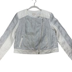 NWT Lou & Grey 100% Linen Moto / Bomber Jacket with Chic Asymmetrical Zip Closure & 2 Front Zip Pockets -  White & Blue Stripes - Women’s Size Large  