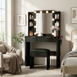 Birgit 32.7" Fluted Makeup Vanity Set with Lighted Mirror and Open Shelves