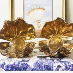 “The World is Your Oyster” Gold Resin and Lucite “Pearl” Bookends - Pair