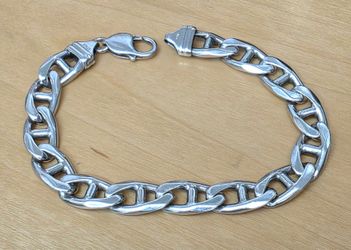 Thick Sterling Silver Mariner Link Italian Bracelet 9.5" L & 41.7 grams & 10.5mm 