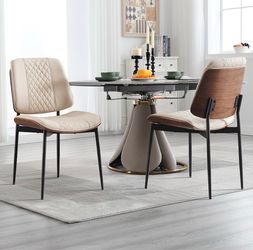 Set of 2 Dining Chairs, PU Leather Bentwood Metal Legs Accent, Beige