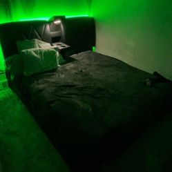 King Size Bed Frame-padded Leather Headboard, USB Ports, Red And Green Background Lights, And Center Counsel  With Lights