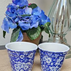 Blue And White Chintz Calico  Transfer Ware Petite Set Of 2 Planter Pots 