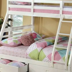 BUNK BED Twin Over Full White Free Drawers Free Mattress