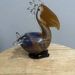 Vintage Murano Style Art Glass Pelican Figurine Green Blue Copper