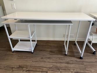 Adjustable white desk with shelves