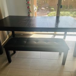 Expandable Solid Wood Dining Table Set – Dark Brown, Like New (Table, Bench & 4 Chairs) 