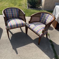 Two Barrel Back Chairs. Burl Maple, Cloth And Cane