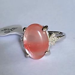 PEACH ADVENTURINE  PRONG SET TITANIUM FOREVER WEAR SILVER NEW SIZE 6 OVAL...