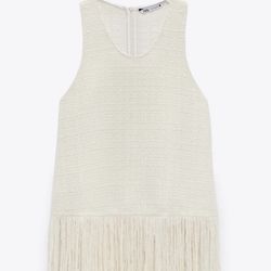 Brand New Zara Fringed Tweed Wave Top White 