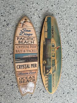2 Mini 16” & 17” Wooden Surfboards. Wall Hangers. San Diego & Venice Beach, Ca.