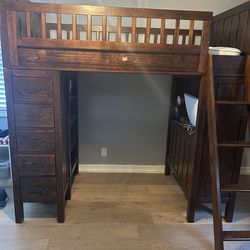 Pottery barn, twin bunkbed, Mattress, with built in desk, dresser, shelves, and ladder