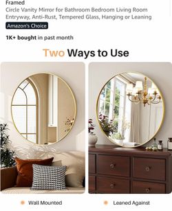 Circle Vanity Mirror for Bathroom Bedroom Living Room Entryway, Anti-Rust, Tempered Glass, Hanging or Leaning