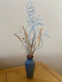 Blue Glazed Ceramic Vase with Dried Arrangement