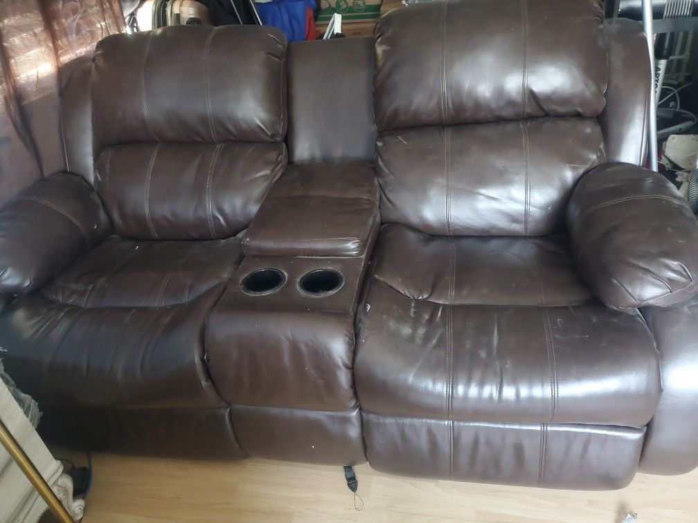 Brown Leather Entertainment Recliner Couch