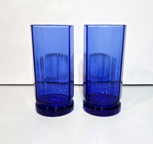 Anchor Hocking Essex Cobalt Blue 10 Panel Glasses Set of 2 Vintage Tumblers