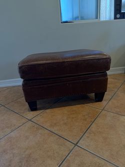Brown Leather Ottoman with Nailhead Trim