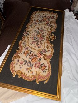 Antique 1934 tapestry wall art needlepoint rug framed as painting almost 5 feet