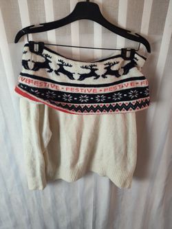 H & M Sweater XXL Ivory Red Navy Festive Christmas Fair isle Off The Shoulder Reindeer Snowflake Pattern 