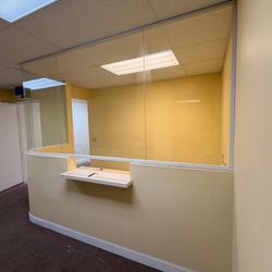 Commercial Glass Receptionist Enclosure – 13ft Wide – Aluminum Framing – Office/Clinic Security Partition