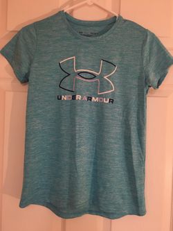 Under Armour Teal Heather Logo Tee Under Armour Green Athletic Shirt Size YLG Small Women