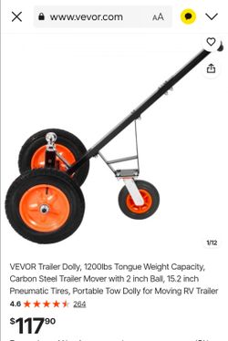 VEVOR Trailer Dolly, 1200lbs Tongue Weight Capacity, Carbon Steel Trailer Mover with 2 inch Ball, 15.2 inch Pneumatic Tires, Portable Tow Dolly for Mo