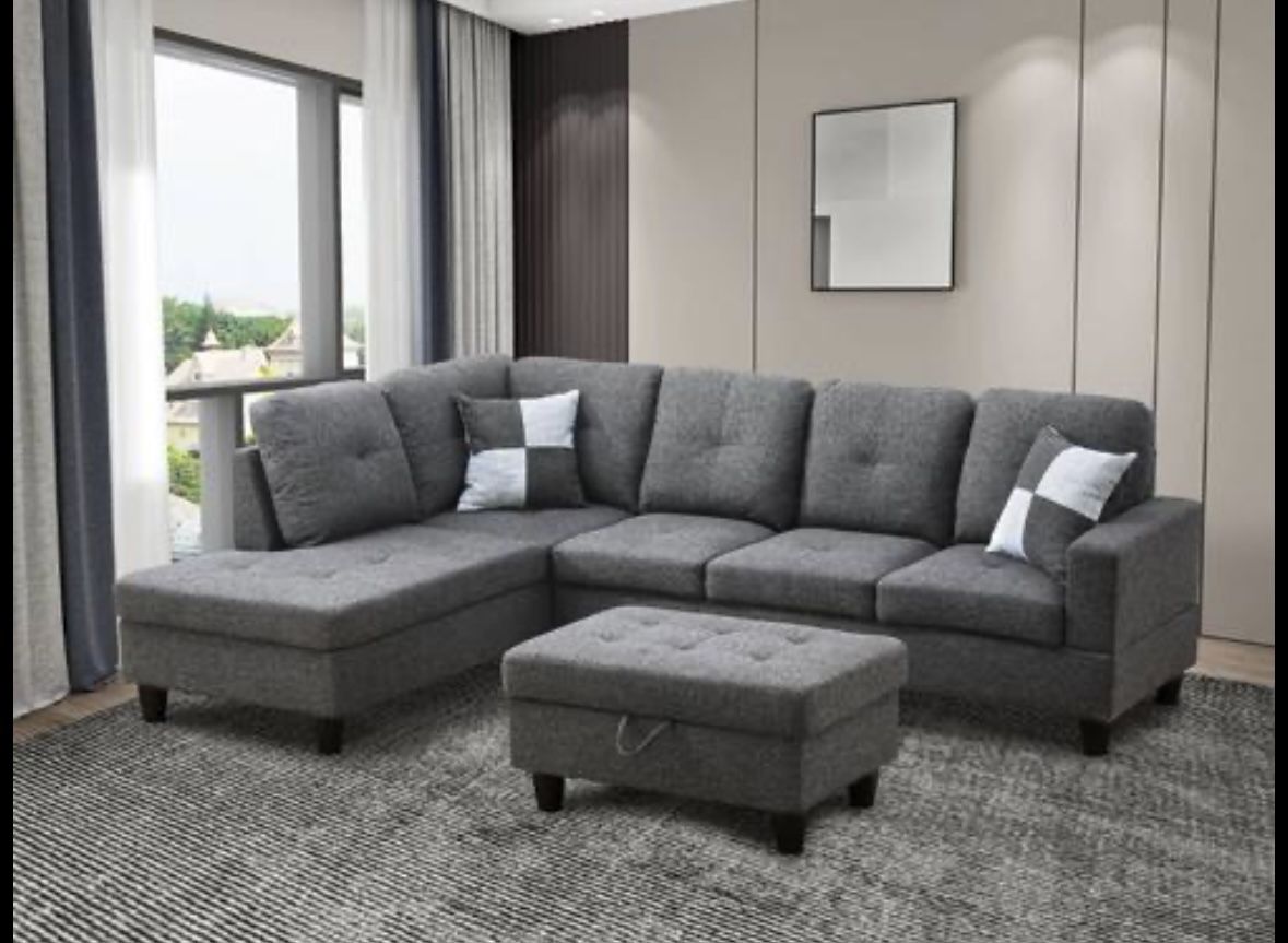 Brand New Charcoal Grey Linen Sectional Sofa With Storage Ottoman