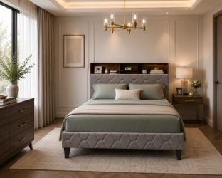 Queen Bed Frame with Storage Bookcase Headboard - Metal Platform Bed, LED Light and Charging Station, No Box Spring Needed, Heavy Duty Steel Slats for