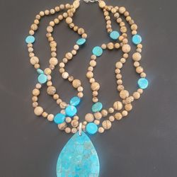 Authentic Sajen .925 Silver Multi-Strand Turquoise & Picture Jasper Teardrop Necklace