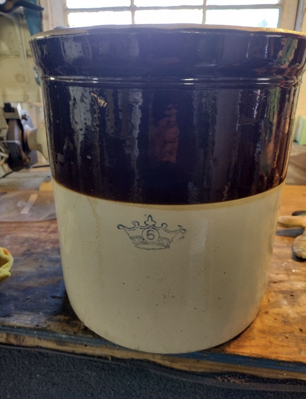 Antique 6 Gallon Blue Crown, Stoneware Crock
