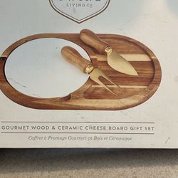 Cutting Board With Ceramic Plate & Cheese Knife/fork