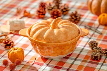 Potter's Studio Orange Pumpkin Figural 10.5” Reactive Glaze Baking Dish with Lid
