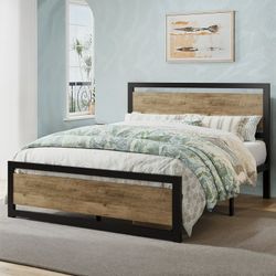 Full Size Bed Frame, Metal Platform Bed Frame with Wooden Headboard, 12.4" Under-Bed Storage, Brown