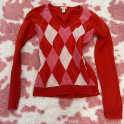 Vintage Y2K Coquette Pinterest Girl Sweater 💌 Orange Pink Argyle Knit Small