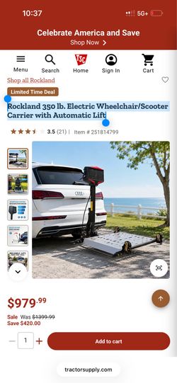 Rockland 350 lb. Electric Wheelchair/Scooter Carrier with Automatic Lift