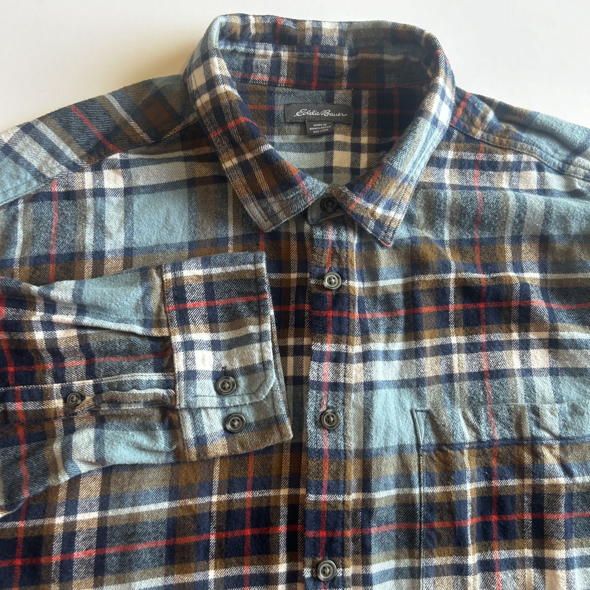 Eddie Bauer Mens 2XL Blue Plaid Long Sleeve Button Up Flannel Shirt