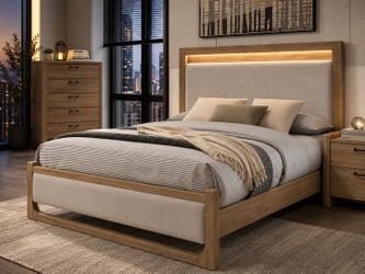 Natural Queen Eastern King Bed Frame Cama Recamara Wood LED Bedroom Venta Furniture Sale Muebles