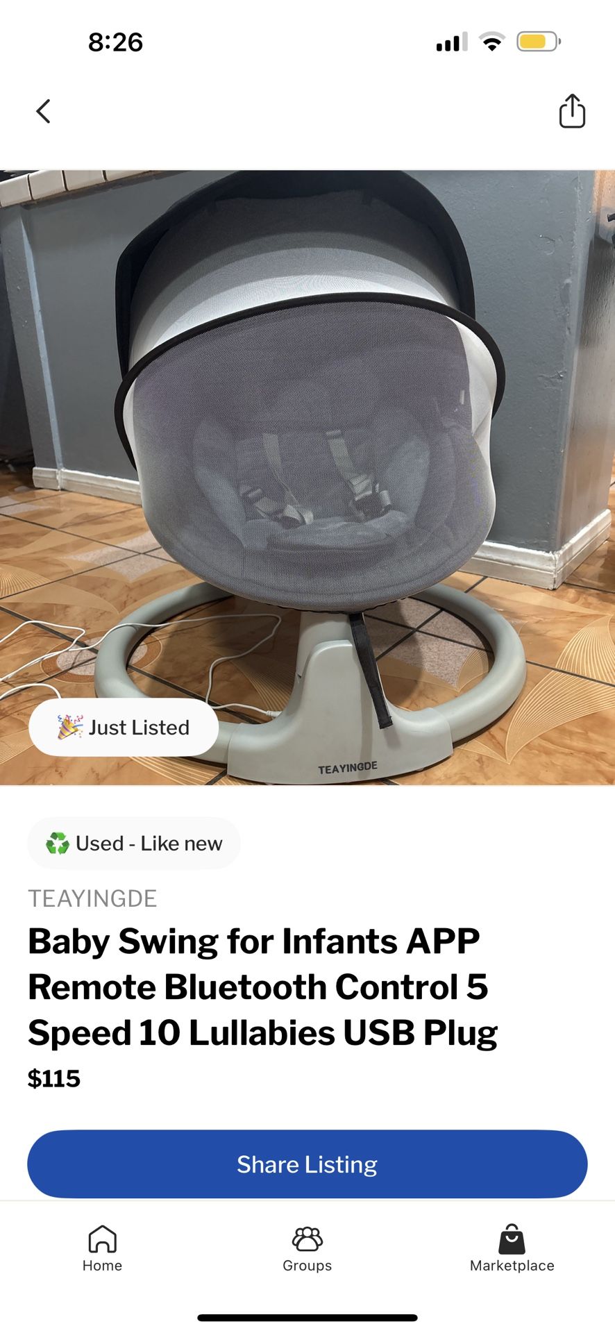 TEAYINGDE Baby Swing for Infants APP Remote Bluetooth Control 5 Speed 10 Lullabies USB Plug