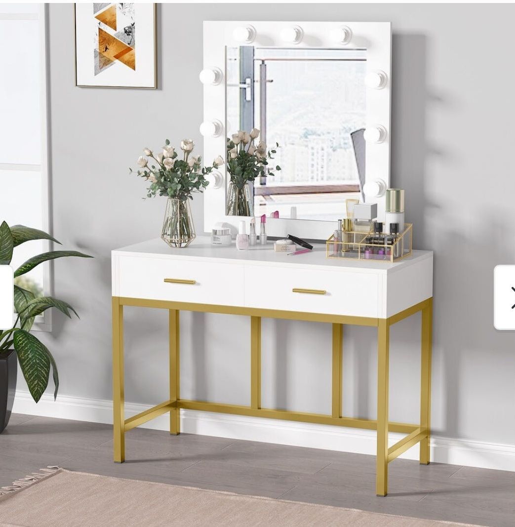 Vanity Table with Lighted Mirror, Makeup Desk with 2 Drawers