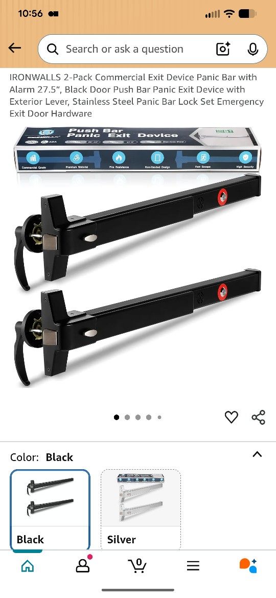 IRONWALLS 2-Pack Commercial Exit Device Panic Bar with Alarm 27.5”, Black Door Push Bar Panic Exit Device with Exterior Lever, Stainless Steel Panic B