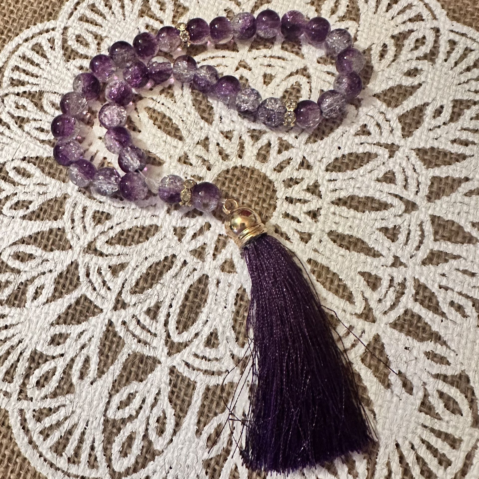 33 Purple Glass Beaded Islamic Prayer Beads Mesbiha Tesbeeh w/ Gold & Sparkling Crystals