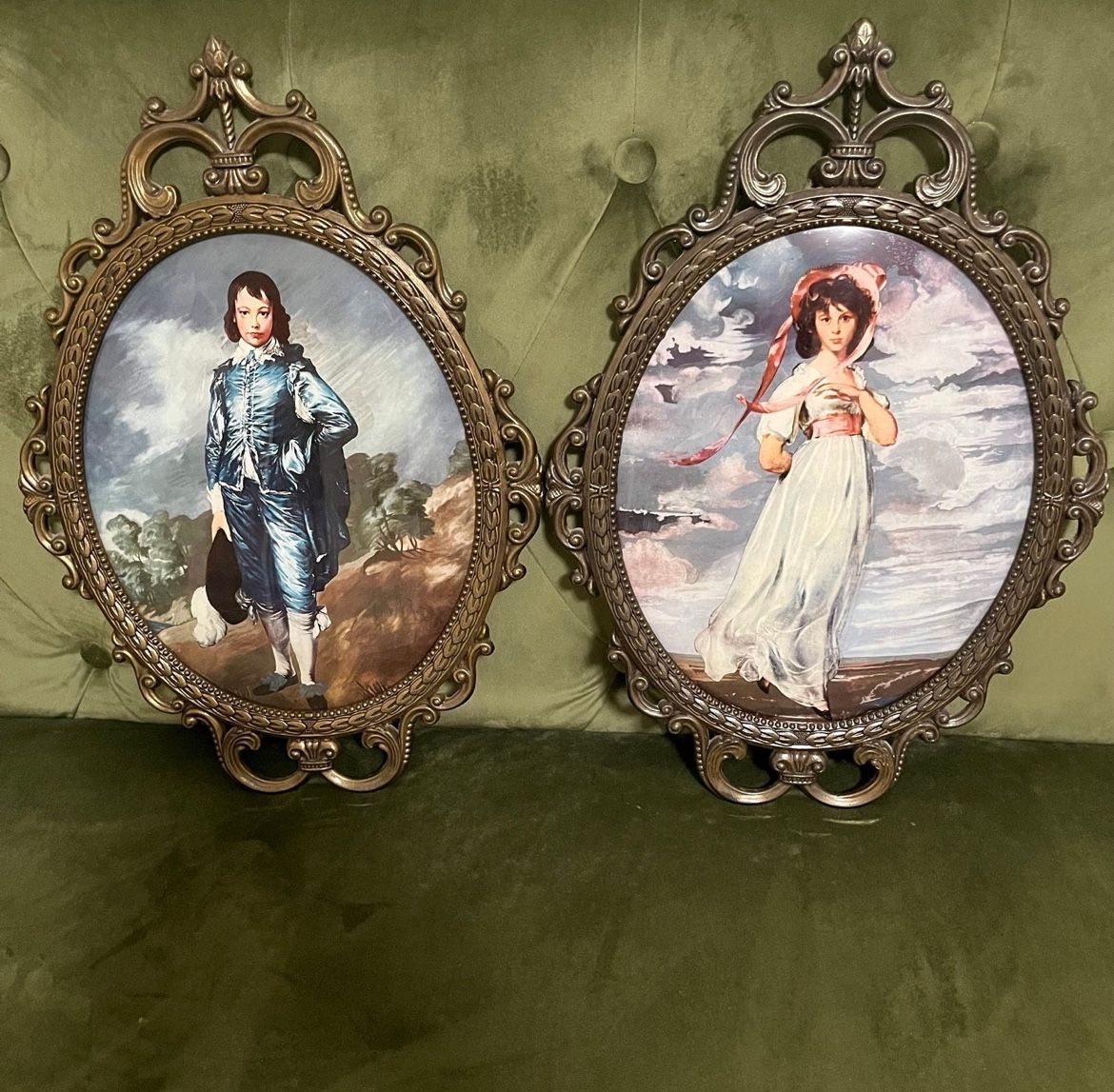 “The Blue Boy and Pinkie” Vintage Brass Metal Framed Pair Mid Century Wall Art