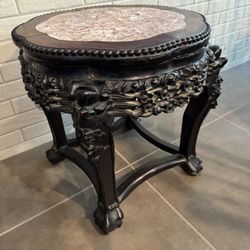 Antique Chinese wood end table with marble top