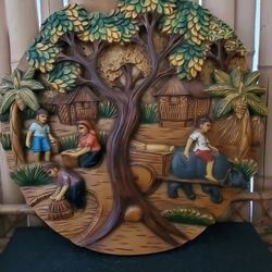 Carved Wood Art Panel Vintage 