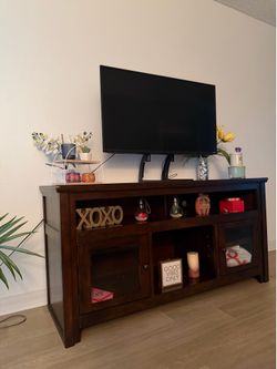 Dark Wood Rectangular Freestanding TV Stand w/ Open Shelves Glass Door Cabinets