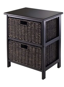 Brown two drawer storage rack nightstand clothing storage black finish wood frame to foldable baskets chocolate brown