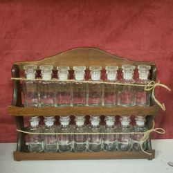Vintage wooden Spice Rack w/ 16 Bottles