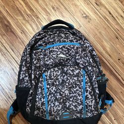 High Sierra Backpack, Grey Camo, Blue Trim