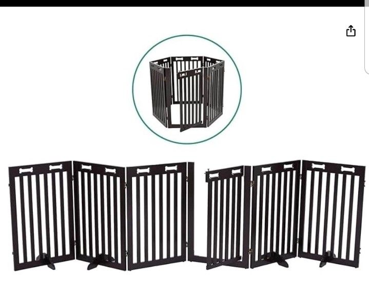 Freestanding Dog Gate with Door, 6 Panel 360° configurable Wooden Fence, 120" Wide, 31.5" Tall,