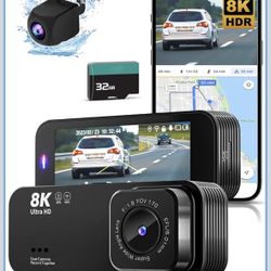 Dash Camera for Cars, 8K Ultra HD Dash Cam Front and Rear, Dash Cam with App Control, 32GB Card, Built-in Wi-Fi & GPS, 3.16”IPS Screen, 170°Wide Angle